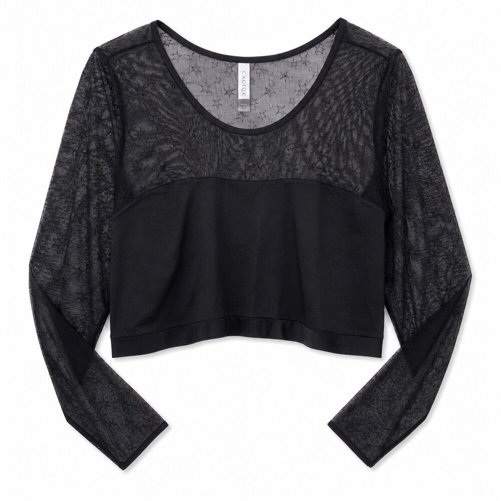 New Cacique Crop Top Size 26 28 Black Mesh Star Print Long Sleeve Goth Celestial
